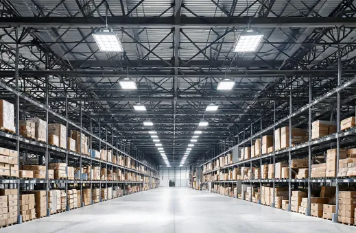 High bay LED lighting over warehouse aisle
